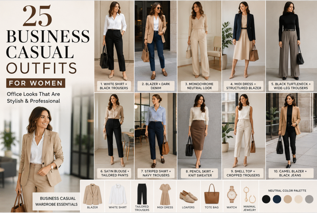 Collage of women wearing stylish business casual outfits featuring blazers, tailored trousers, midi dresses, loafers, and smart office wear for professional workplaces