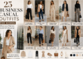 Collage of women wearing stylish business casual outfits featuring blazers, tailored trousers, midi dresses, loafers, and smart office wear for professional workplaces