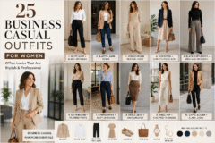 Collage of women wearing stylish business casual outfits featuring blazers, tailored trousers, midi dresses, loafers, and smart office wear for professional workplaces