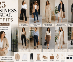 Collage of women wearing stylish business casual outfits featuring blazers, tailored trousers, midi dresses, loafers, and smart office wear for professional workplaces