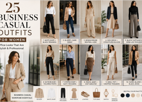 Collage of women wearing stylish business casual outfits featuring blazers, tailored trousers, midi dresses, loafers, and smart office wear for professional workplaces